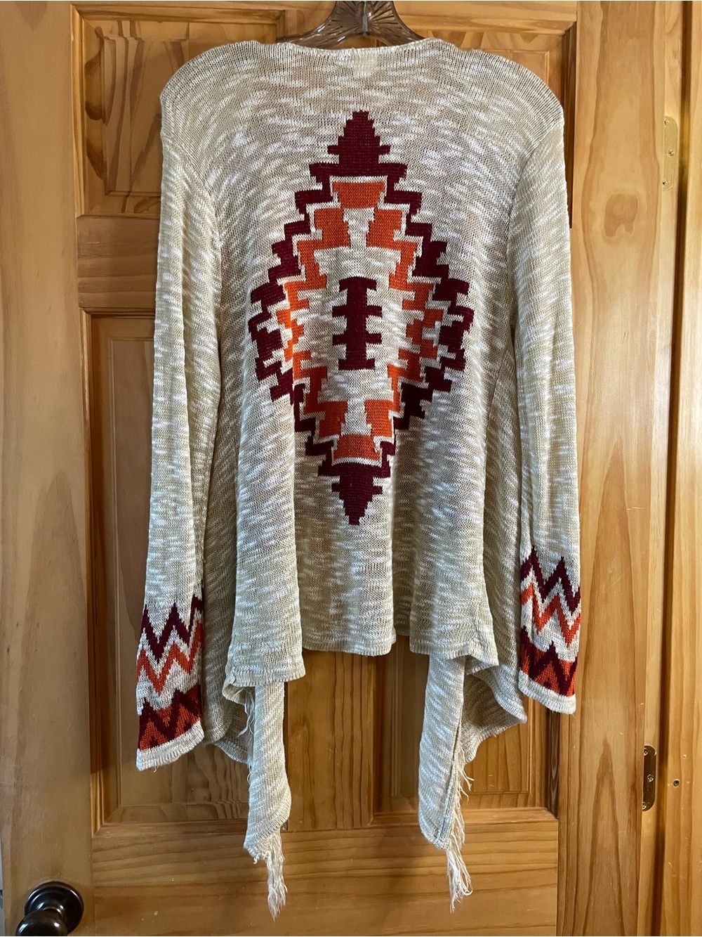 Derek Heart Beige Open-Front Aztec Cardigan with Burgundy and Orange Accents